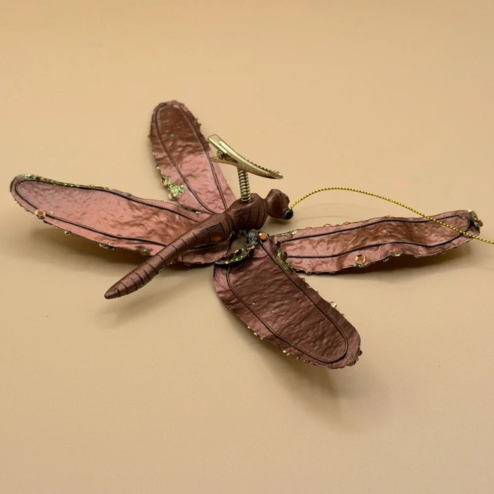 Large Glitter Dragonfly Clip Ornament Gold Sequin Green Sparkle Hanging Decor